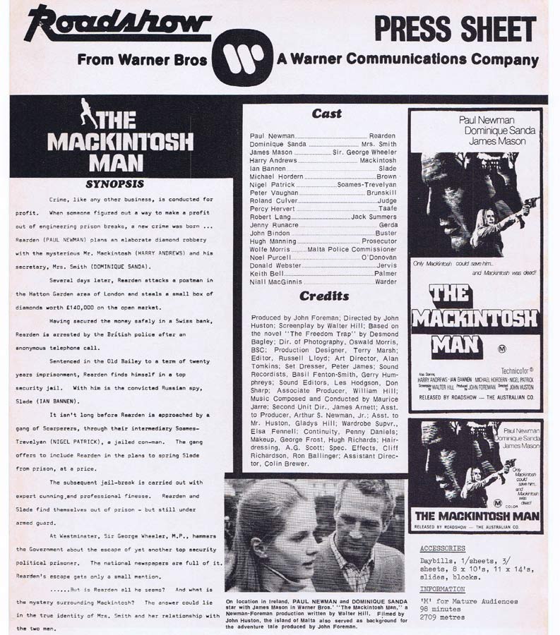 THE MACKINTOSH MAN Rare AUSTRALIAN Movie Press Sheet Paul Newman