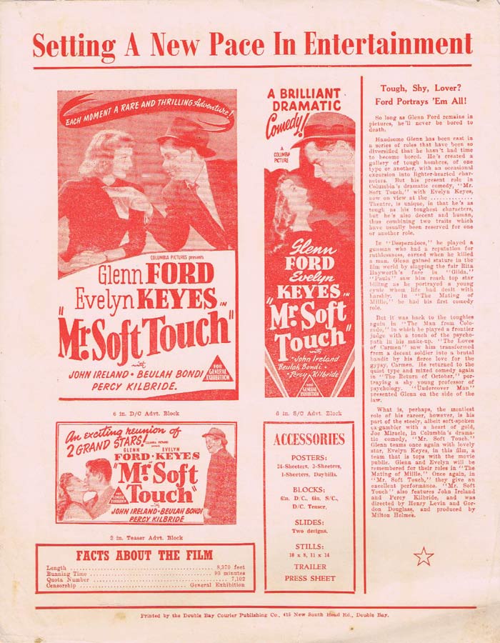 MR SOFT TOUCH Rare AUSTRALIAN Movie Press Sheet Glenn Ford Evelyn Keyes