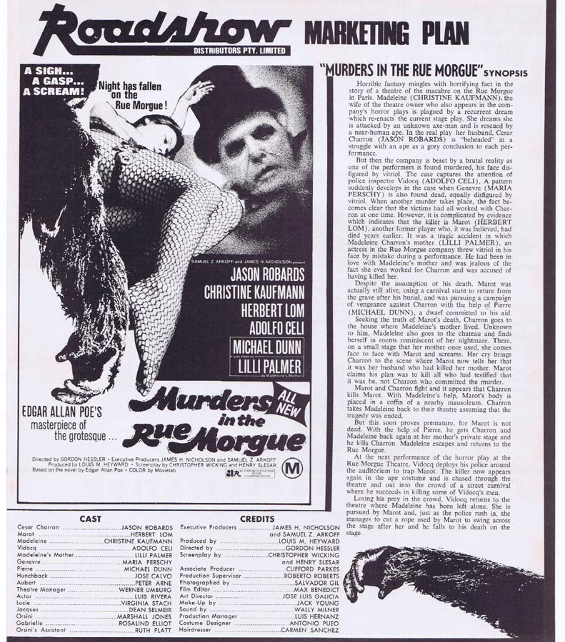 MURDERS IN THE RUE MORGUE Rare AUSTRALIAN Movie Press Sheet Jason Robards
