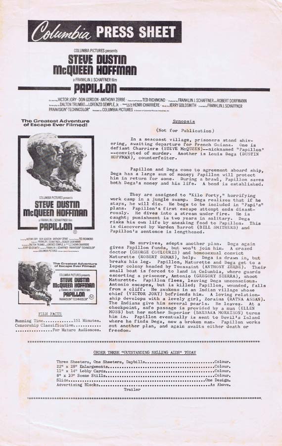 PAPILLON Rare AUSTRALIAN Movie Press Sheet Steve McQueen Dustin Hoffman