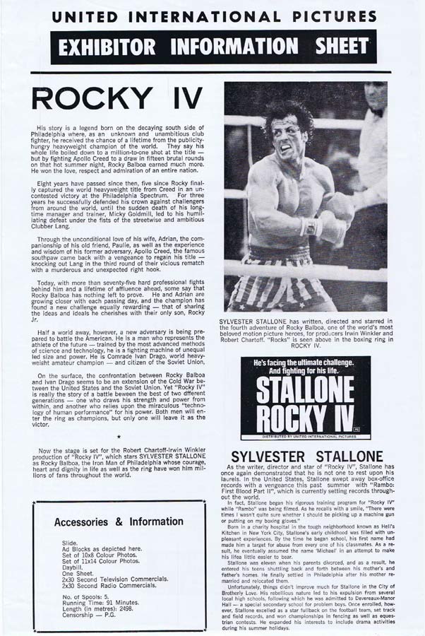 ROCKY IV Rare AUSTRALIAN Movie Press Sheet Sylvester Stallone Talia Shire