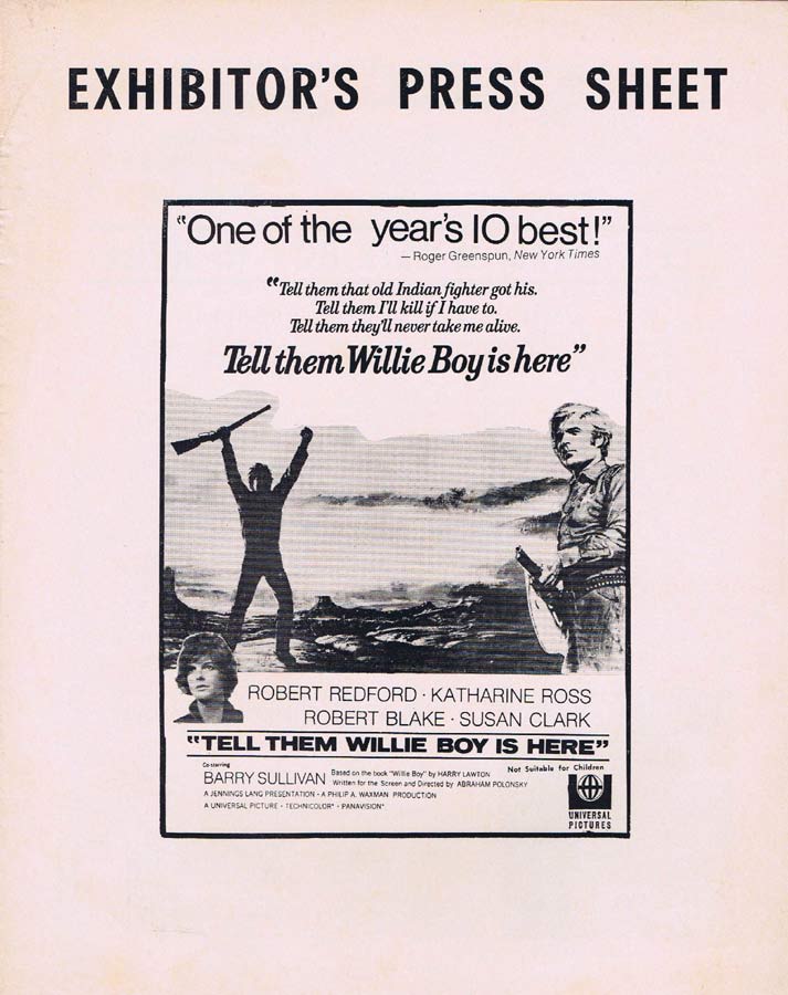 TELL THEM WILLIE BOY IS HERE Rare AUSTRALIAN Movie Press Sheet Robert Redford Katharine Ross