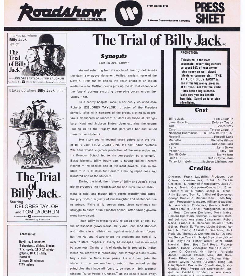 THE TRIAL OF BILLY JACK Rare AUSTRALIAN Movie Press Sheet Tom Laughlin