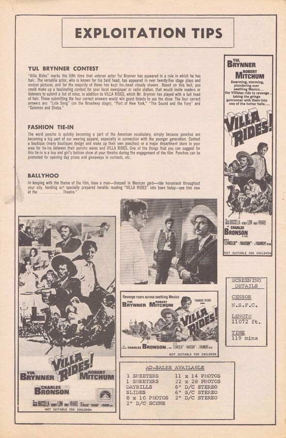 VILLA RIDES Rare AUSTRALIAN Movie Press Sheet Charles Bronson