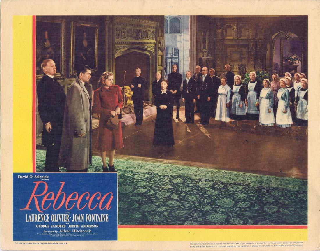 REBECCA Original Lobby Card 2 Alfred Hitchcock Laurence Olivier Joan Fontaine 1946r