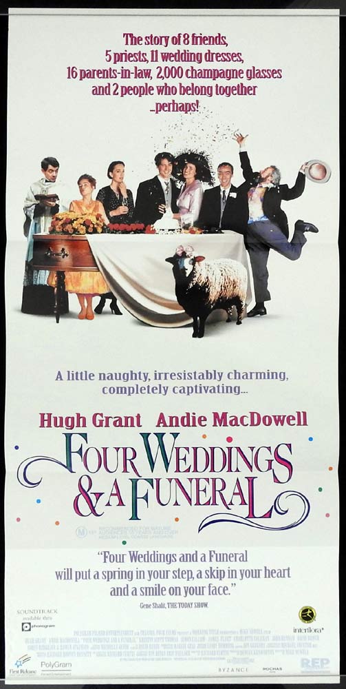 FOUR WEDDINGS AND A FUNERAL Original Daybill Movie Poster Hugh Grant Andie MacDowell
