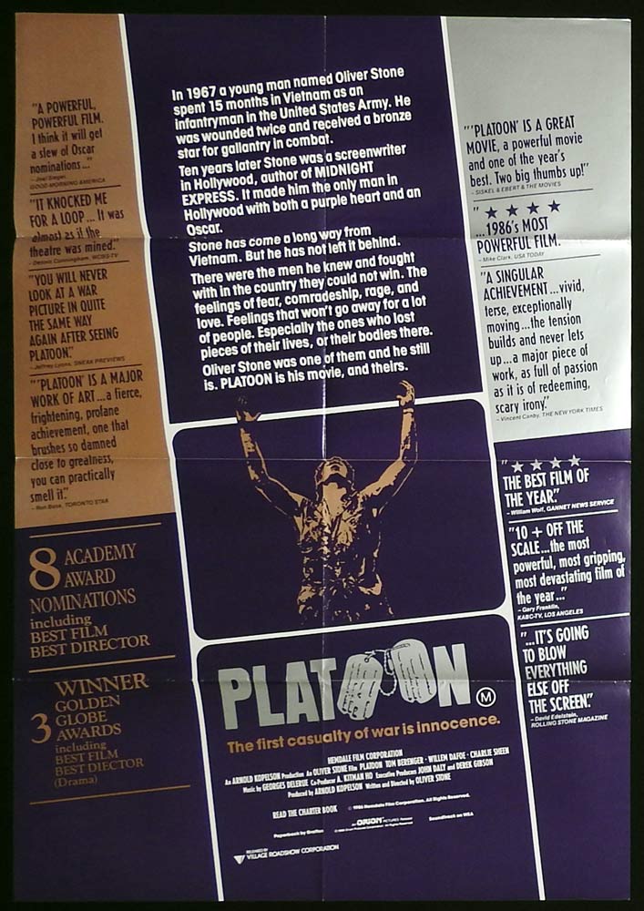 PLATOON Original One Sheet Movie Poster Tom Berenger Willem Dafoe Charlie Sheen