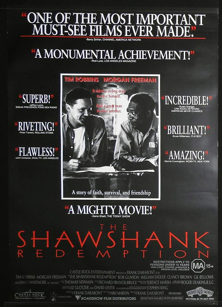 THE SHAWSHANK REDEMPTION Rolled One sheet Movie poster Tim Robbins Morgan Freeman A
