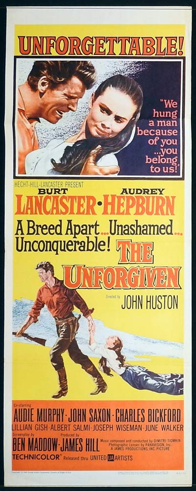 THE UNFORGIVEN Original US Insert Movie Poster Burt Lancaster Audrey Hepburn