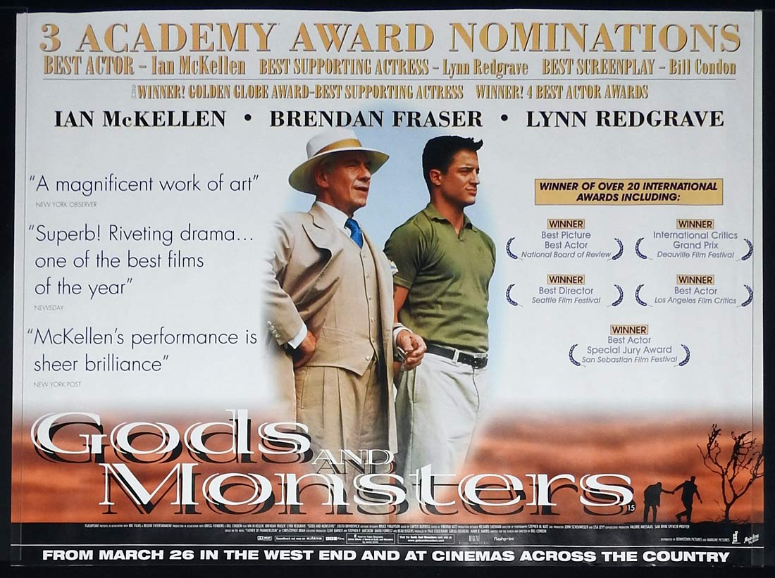 GODS AND MONSTERS Original ROLLED British Quad Movie Poster Ian McKellen Brendan Fraser