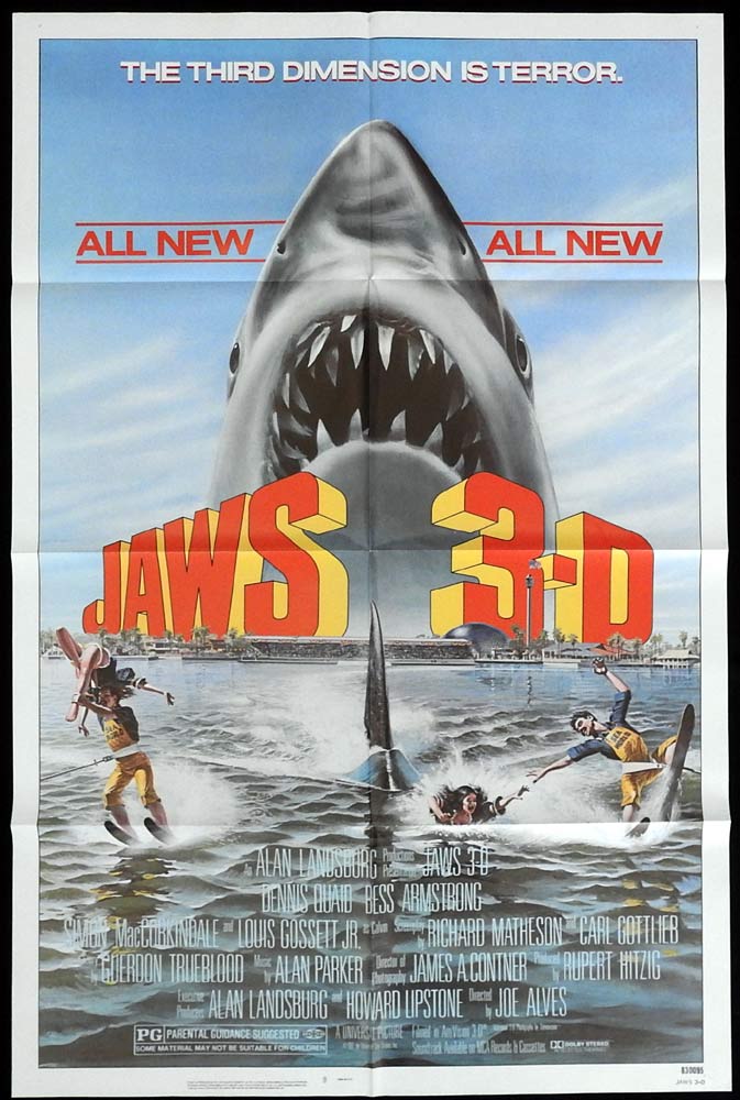 JAWS 3-D Original One sheet Movie poster Dennis Quaid Shark
