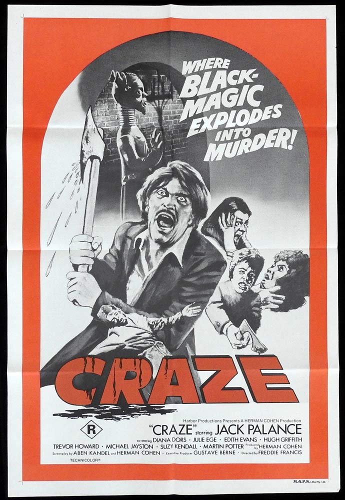 CRAZE Original One Sheet Movie Poster Jack Palance Diana Dors Julie Ege