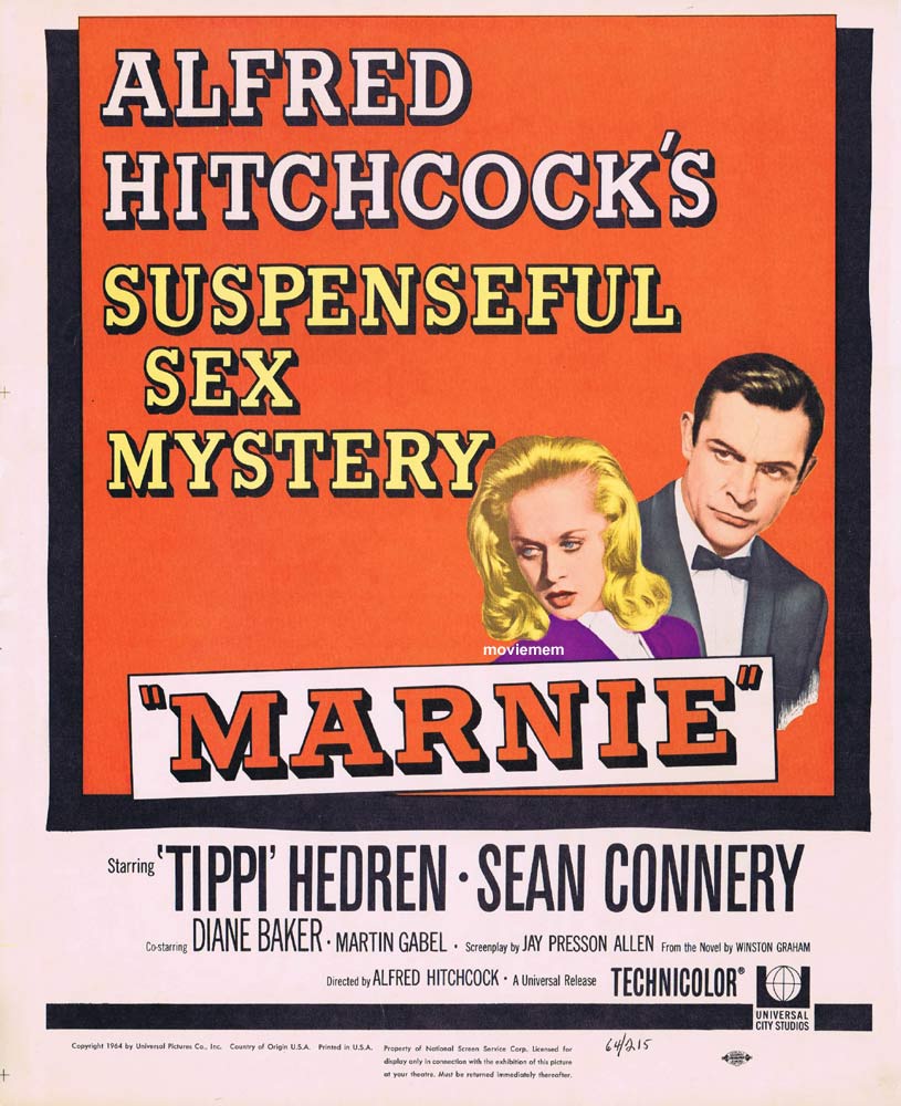 MARNIE Original Window Card Movie poster Alfred Hitchcock Tippi Hedren Sean Connery